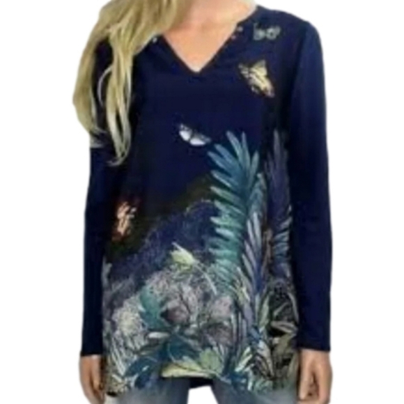 Anthropologie Akemi + Kin Fauna Printed Butterfly Henley Mixed Media Blouse Top - Picture 1 of 15